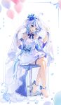  1girl alternate_costume ankle_bow bare_shoulders barefoot blue_bow blue_eyes blue_hair bow commentary_request detached_sleeves dress feet furina_(genshin_impact) genshin_impact hair_bow highres long_hair miaogujun multicolored_hair short_dress short_sleeves sitting solo streaked_hair thigh_strap toes veil very_long_hair white_dress white_hair 