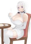  1girl azur_lane biscuit_(bread) braid breasts chair cleavage coco_(setawar) cup food highres holding holding_cup huge_breasts illustrious_(azur_lane) long_hair looking_at_viewer plate purple_eyes sitting solo table thighhighs twin_braids white_hair 
