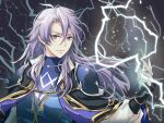  1boy armor arthur_(fire_emblem:_genealogy_of_the_holy_war) artist_name casting_spell dark_background fire_emblem fire_emblem:_genealogy_of_the_holy_war hair_between_eyes highres lightning long_hair looking_at_viewer mixed-language_commentary purple_eyes purple_hair shoulder_armor twitter_username umi_(_oneinchswing) 