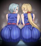  2girls akkgsyk ass back bare_shoulders belt blonde_hair blue_hair blush character_request highres long_hair multiple_girls nijisanji ponytail short_hair sitting smile sweat virtual_youtuber yellow_eyes 