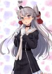  1girl amatsukaze_(kancolle) amatsukaze_kai_ni_(kancolle) black_dress blush brown_eyes collarbone dress gloves grey_hair hair_between_eyes hair_tubes heart kantai_collection long_hair long_sleeves open_mouth sailor_collar solo sorairo_haruka twitter_username two_side_up white_gloves white_sailor_collar 