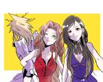  1boy 2girls aerith_gainsborough bare_arms bare_shoulders black_hair blonde_hair blue_dress border breasts brown_hair choker cleavage closed_mouth cloud_strife crossdressing dangle_earrings dress earrings facing_away final_fantasy final_fantasy_vii final_fantasy_vii_remake flamenco_dress flower frilled_dress frills green_eyes hair_flower hair_ornament highres jewelry large_breasts locked_arms long_hair medium_breasts messy_hair motsutei multiple_girls official_alternate_costume one_eye_closed open_mouth parted_bangs ponytail purple_dress red_dress red_eyes ribbon_choker ringlets sidelocks sleeveless sleeveless_dress smile spiked_hair strapless strapless_dress swept_bangs tifa_lockhart upper_body white_border yellow_background 