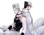  2boys amputee back-to-back black_hair closed_eyes coat collar double_amputee earrings flattop grey_hair hage_tashuumi hat high_collar jean_pierre_polnareff jewelry jojo_no_kimyou_na_bouken kujo_jotaro long_hair multiple_boys prosthesis prosthetic_leg sitting tall_hair vento_aureo white_coat 