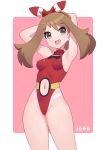  1girl :d adapted_costume armpits arms_behind_head border bow_hairband breasts brown_hair clothing_cutout cowboy_shot grey_eyes hairband happy highleg highleg_swimsuit jdpr long_hair may_(pokemon) mixed-language_commentary navel navel_cutout one-piece_swimsuit open_mouth pink_background pokemon pokemon_(game) pokemon_oras presenting_armpit red_hairband red_one-piece_swimsuit smile solo swimsuit teeth tongue upper_teeth_only web_address white_border 