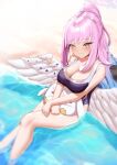  1girl absurdres angel_wings beach blue_archive blue_one-piece_swimsuit blush breasts cleavage collarbone commentary crescent english_commentary feathered_wings gradient_hair halo high_ponytail highres large_breasts legs linear_71 long_hair looking_at_viewer low_wings mika_(blue_archive) multicolored_hair one-piece_swimsuit pink_hair pink_halo sitting smile solo swimsuit thighs very_long_hair water white_wings wing_ornament wings yellow_eyes 