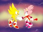  1boy 1girl absurdres blaze_the_cat burning_blaze cat_girl cat_tail eyelashes fire forehead_jewel furdy gloves gold_necklace handshake high_heels highres jacket jewelry necklace pants pink_footwear pink_fur red_eyes red_footwear red_jacket sonic_(series) sonic_rush sonic_the_hedgehog super_sonic tail white_pants yellow_eyes yellow_fur 