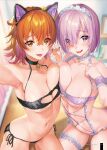  2girls absurdres animal_ears armpits asymmetrical_docking bare_arms bare_shoulders bell black_hairband blush breast_press breasts choker cleavage collarbone cowboy_shot fake_animal_ears fate/grand_order fate_(series) frills from_above fujimaru_ritsuka_(female) hair_ornament hair_scrunchie hairband hand_up headdress highres indoors large_breasts lingerie mash_kyrielight multiple_girls nail_polish navel neck_bell non-web_source open_mouth orange_hair pink_hair sage_joh scrunchie selfie short_hair side_ponytail smile thigh_strap underwear white_headwear yellow_scrunchie 