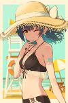  1girl amamiya_kokoro amamiya_kokoro_(7th_costume) beach bikini black_bikini blue_hair blue_nails blue_sky border breasts buoy closed_mouth dot_nose earrings flower_earrings frilled_bikini frills hat heart heart_tattoo highres jewelry looking_at_viewer medium_breasts medium_hair mikuru_ism navel necklace nijisanji ocean one_eye_closed rescue_buoy side-tie_bikini_bottom sky smile solo stomach straw_hat swimsuit tattoo v virtual_youtuber white_border yellow_eyes 