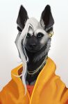  ambiguous_gender anthro black_body black_fur black_nose clothed clothing digital_media_(artwork) ear_piercing ear_ring ears_up fur green_eyes hair hi_res hyena inner_ear_fluff jewelry long_neck looking_at_viewer mammal neck_tuft necklace piercing ring_piercing simple_background smile solo striped_arms striped_body striped_fur striped_hyena striped_legs stripes teal_eyes topwear tuft wetchop whiskers white_body white_fur white_hair zyonji_(character) 