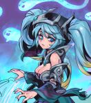  1girl :d bare_shoulders black_hood blonde_hair blue_eyes breasts cleavage detached_sleeves fang from_side ghost green_hair happy hood hood_up large_breasts league_of_legends multicolored_background multicolored_hair nail_polish phantom_ix_row shadow_isle_(league_of_legends) shiny_skin smile solo sona_(league_of_legends) sweatdrop teeth torn_clothes torn_sleeves two-tone_hair 