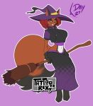  anthro breasts broom broom_riding cleaning_tool clothing english_text female generation_8_pokemon hair hat headgear headwear hi_res jacket magic_user navel nickit nintendo pokemon pokemon_(species) purple_background red_body red_eyes red_hair simple_background solo tail tattoorexy text topwear witch witch_hat 