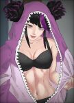  1girl authorgraph_20 bikini black_bikini black_hair breasts cleavage closed_mouth collarbone double_bun hair_bun han_juri highres hood long_sleeves looking_at_viewer medium_breasts midriff multicolored_hair street_fighter street_fighter_6 swimsuit two-tone_hair underwear zipper 