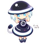  1girl aikei_ake bare_arms black_dress black_footwear black_headwear blue_eyes chibi dress full_body hands_on_headwear hands_up hat highres original personification shoes simple_background sleeveless sleeveless_dress solo standing translation_request white_background white_hair 