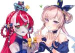  2girls :q airani_iofifteen bare_shoulders commentary_request double_bun dress hair_bun heart heart_hands heterochromia highres hololive hololive_indonesia kureiji_ollie looking_at_viewer mismatched_pupils multicolored_hair multiple_girls off-shoulder_dress off_shoulder patchwork_skin portrait purple_eyes red_hair simple_background smile star_(symbol) star_in_eye streaked_hair symbol_in_eye tongue tongue_out two-tone_hair udin_(kureiji_ollie) virtual_youtuber white_background yomosaka 