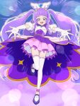  1girl backlighting big_hair bridal_garter brooch clothing_cutout commentary cure_majesty dress elbow_gloves flats full_body gloves half-dress highres hirogaru_sky!_precure jewelry leg_up long_hair looking_at_viewer magical_girl miniskirt open_mouth pleated_skirt precure purple_background purple_dress purple_footwear purple_hair purple_skirt reaching reaching_towards_viewer short_sleeves shoulder_cutout skirt smile standing standing_on_one_leg thighhighs tiler_(tiler00) very_long_hair white_gloves white_thighhighs wing_brooch wing_hair_ornament 
