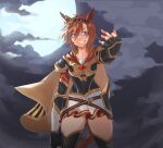  1girl armor black_armor black_cape black_thighhighs blue_eyes breastplate brown_hair cape cloud cloudy_sky collarbone commentary cowboy_shot durandal_(racehorse) faulds fukuro_(maruaru00) full_moon genderswap genderswap_(mtf) gold_trim grin highres looking_at_viewer moon night night_sky original outdoors pauldrons personification short_hair shoulder_armor sky smile solo striped_cape thighhighs two-tone_cape umamusume vambraces white_hair yellow_cape 