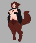  anthro blush body_hair bottomless bottomless_anthro bottomless_female breasts brown_body brown_fur brown_hair canid canine chest_tuft chubby_anthro chubby_female clothed clothing collar fangs female fur grey_background hair happy_trail jacket love_handles mammal nipple_tape open_clothing open_jacket open_topwear pasties pepper_(wonderslug) potbelly simple_background slightly_chubby smile solo spiked_collar spikes tape teeth thick_thighs topwear tuft were werecanid werecanine werewolf wide_eyed wide_hips wonderslug 