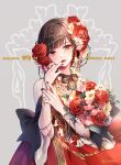  1girl anko_anko black_nails bouquet brown_eyes brown_hair dress flower grey_background head_wreath highres meiko_(vocaloid) red_lips ribbon rose short_hair solo vocaloid 