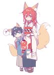  2boys ? animal_ear_fluff animal_ears arm_around_back black_hair black_skirt blue_eyes blue_kimono blue_lock brown_skirt chigiri_hyoma dot_mouth fox_boy fox_ears fox_tail hair_between_eyes head_tilt highres holding holding_lantern isagi_yoichi japanese_clothes kimono lantern long_sleeves looking_at_viewer multiple_boys notice_lines obi paper_lantern red_eyes red_hair sandals sash sen_(5710265) short_hair sidelocks simple_background skirt spoken_question_mark stitches tail white_background white_kimono wide_sleeves 