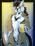  2022 5_fingers alcohol anthro beer beverage black_eyebrows black_hair blue_claws blue_eyes blue_nose blue_pawpads blue_tongue canid canine canis claws domestic_dog eyebrows featureless_crotch fingers fur hair hi_res inner_ear_fluff male mammal mug multicolored_body multicolored_fur navel open_mouth pawpads smolsynthwave solo standing tail teeth tongue tuft white_inner_ear_fluff 