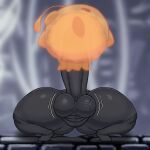  1:1 2023 anthro arthropod axoarts balls big_balls big_penis champion_(character) digital_media_(artwork) fan_character front_view genitals goo_creature hi_res hollow_knight huge_penis infected_(species) insect lying male motion_lines on_back orange_body penis solo team_cherry translucent translucent_body vein veiny_balls vessel_(species) 