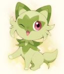  ;d animal_focus commentary_request fangs full_body koroni_(nkrgs) no_humans one_eye_closed open_mouth pokemon pokemon_(creature) red_eyes smile solo sprigatito tongue 