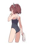  1girl ass bracelet brown_hair casual_one-piece_swimsuit commentary_request cropped_legs grey_one-piece_swimsuit headgear highres jewelry looking_at_viewer looking_back one-piece_swimsuit ponytail red_eyes simple_background solo swimsuit touhoku_kiritan unworn_swim_cap voiceroid white_background yamamomo_(plank) 