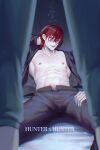  2boys abs bare_pectorals enyalee facepaint facial_mark feet_out_of_frame hair_down highres hisoka_morow hunter_x_hunter illumi_zoldyck looking_at_viewer male_focus multiple_boys navel open_clothes open_shirt pectorals red_hair seductive_smile shirt short_hair smile solo_focus spread_legs star_(symbol) teardrop_facial_mark toned toned_male yaoi 