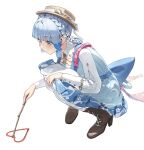  1girl absurdres back_bow blue_dress blue_eyes blue_hair blunt_bangs blush boots bow braid cotta_(heleif) dress flower from_side genshin_impact hair_flower hair_ornament hat heart high_heel_boots high_heels highres holding holding_stick kamisato_ayaka kamisato_ayaka_(springbloom_missive) knees_up looking_down official_alternate_costume simple_background smile solo squatting stick white_background 