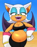  anthro bat belly big_belly big_breasts bloated blue_eyeshadow bra breasts cleavage clothed clothing eyeshadow fangs female gloves hand_on_hip handwear hi_res ill-strator looking_down makeup mammal midriff navel open_mouth rouge_the_bat sega solo sonic_the_hedgehog_(series) sports_bra teeth text underwear uvula 