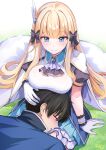  1boy 1girl ascot black_bow black_hair blonde_hair blue_dress blue_eyes blush bow breasts brooch cape closed_eyes dress elf gloves hair_bow highres jewelry konka lap_pillow large_breasts long_hair pointy_ears princess_connect! saren_(princess_connect!) short_hair sidelocks sleeping smile white_cape white_gloves yuuki_(princess_connect!) 