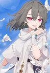  1girl :d absurdres animal bird blue_sky breasts character_request commentary_request day dress earrings feathers grey_hair hair_between_eyes hand_up highres honkai_(series) honkai_impact_3rd jewelry looking_at_viewer medium_breasts outdoors purple_eyes short_sleeves sky smile solo unnyori white_dress white_feathers wide_sleeves 