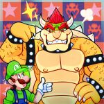  &lt;3 bowser bracelet collar darkwingsnark duo flexing gesture grin hi_res human jewelry koopa luigi male mammal mario_bros nintendo nipples pecs scalie sharp_teeth shell smile spiked_bracelet spiked_collar spiked_shell spikes spikes_(anatomy) teeth thumbs_up 