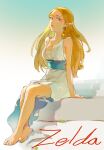 1girl bare_arms bare_shoulders barefoot blonde_hair breasts character_name cleavage dress gradient_background green_eyes grey_background highres large_breasts long_hair looking_at_viewer pointy_ears princess_zelda psp26958748 sitting solo the_legend_of_zelda the_legend_of_zelda:_breath_of_the_wild white_dress 