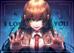  1girl against_fourth_wall aosoraa6 black_jacket body_horror breasts brown_hair collared_shirt commentary_request employee_(lobotomy_corporation) english_text green_eyes jacket lobotomy_corporation long_hair long_sleeves necktie open_clothes open_jacket open_mouth project_moon red_necktie shirt small_breasts smile suit white_shirt 