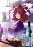  1girl absurdres alternate_costume animal_ears blurry blurry_foreground blush bottle bowl brown_hair chopsticks cup food hand_on_own_chest hanging_light highres holding holding_cup horse_ears indoors japanese_clothes kimono long_sleeves looking_at_viewer looking_to_the_side medium_hair nice_nature_(umamusume) nino_(shira) open_mouth portrait_(object) purple_kimono sake_bottle smile solo steam television twintails umamusume upper_body wide_sleeves yellow_eyes 