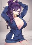  1girl breasts cleavage ge-b hair_ornament hair_scrunchie hair_tie_in_mouth highres jacket large_breasts long_hair looking_at_viewer mouth_hold no_shirt open_clothes open_jacket original purple_eyes scrunchie sitting solo tying_hair upper_body 
