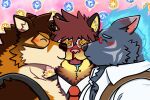  anthro barrel_(live_a_hero) blood blue_body blue_fire blue_fur blush bodily_fluids brown_body brown_fur canid canine canis colored_fire eyewear felid fire flaming_hair flaming_mane fur furlong_(live_a_hero) glasses group hi_res hyena kissing lifewonders lion live_a_hero male male/male mammal necktie nosebleed pantherine pseudo_hair pseudo_mane toronoekaki trio wolf 