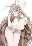  1girl akane_(blue_archive) akane_(bunny)_(blue_archive) animal_ears bare_shoulders blue_archive blush bow bowtie breasts brown_hair cleavage detached_collar fake_animal_ears glasses gloves highres large_breasts long_hair looking_at_viewer pantyhose playboy_bunny shawl simple_background smile solo very_long_hair white_background white_gloves white_pantyhose yellow_eyes yurishima_shiro 