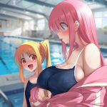  2girls absurdres ahoge blonde_hair blue_eyes blue_one-piece_swimsuit blush bocchi_the_rock! breasts competition_swimsuit gotoh_hitori highres ijichi_nijika inkspirate jacket large_breasts multiple_girls one-piece_swimsuit pink_jacket pool side_ponytail small_breasts swimsuit wet 