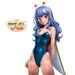  1girl antennae arm_behind_back ass_visible_through_thighs bare_shoulders blue_hair blue_leotard breasts cape character_request cleavage copyright_name covered_navel grin groin hair_ornament highleg highleg_leotard highres leotard long_hair looking_at_viewer marvel_land minamoto80486 red_eyes smile solo star_(symbol) star_hair_ornament strapless strapless_leotard thighs white_cape 