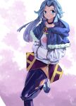  1girl adapted_costume black_thighhighs blue_capelet blue_hair capelet commentary english_commentary fur_trim highres hood hoodie kumoi_ichirin long_hair ponytail solo thighhighs touhou vanilla_flan white_hoodie 