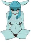  2023 anthro big_breasts blue_body blush breasts clothing eeveelution female generation_4_pokemon glaceon looking_at_viewer navel nintendo pasties pokemon pokemon_(species) solo tongue tongue_out underwear yawar 