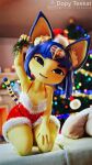  3d_(artwork) animal_crossing ankha_(animal_crossing) anthro bed bedroom_eyes big_ears blue_hair christmas christmas_clothing christmas_headwear christmas_tree clothing daz_studio digital_media_(artwork) domestic_cat dress felid feline felis female fireplace flat_chested furniture hair hat headgear headwear hi_res holidays kneeling kneeling_on_bed looking_at_viewer mammal mistletoe narrowed_eyes nintendo on_bed plant santa_hat sashacakes seductive short_stack smile smiling_at_viewer solo thick_thighs tree wide_hips yellow_body 