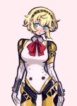  1girl aegis_(persona) android blonde_hair blue_eyes blush bow bowtie breasts cowboy_shot highres joints large_breasts mechanical_parts megrocks persona persona_3 red_bow red_bowtie robot_ears robot_joints short_hair simple_background solo standing 