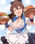  1girl apron black_bow black_skirt blue_background bow breasts brown_hair checkered_background cleavage closed_eyes collarbone commentary_request earrings facing_viewer flower_earrings food frilled_shirt frilled_wristband frills hair_between_eyes hair_bow hands_up holding holding_tray idolmaster idolmaster_million_live! jewelry large_breasts long_hair necklace open_mouth ponytail print_shirt puffy_short_sleeves puffy_sleeves satake_minako shirt short_sleeves sidelocks signature skirt smile solo tray tun waist_apron white_apron 