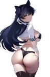  1girl animal_ears ass atago_(azur_lane) atago_(stunning_speedster)_(azur_lane) azur_lane back bikini black_bikini black_hair black_thighhighs blush breasts cropped_jacket dog_ears jacket large_breasts long_hair looking_back mole mole_under_eye official_alternate_costume open_mouth race_queen shrug_(clothing) solo swimsuit thighhighs tomoyuki_hino white_jacket wrist_cuffs yellow_eyes 