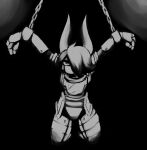  2023 2_horns anthro armor bdsm black_background bondage bound breastplate chain chained clothed clothing demon front_view fully_clothed greyscale hair hair_over_eye hi_res horn legwear looking_at_viewer male monochrome neko3240 one_eye_obstructed raised_arms simple_background solo 