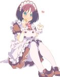  1girl absurdres anyadesu_yo apron black_dress black_hair blue_eyes bow bowtie breasts brown_footwear closed_mouth commentary_request dress elma_(maidragon) food frilled_apron frills full_body heart highres holding holding_food knees_up kobayashi-san_chi_no_maidragon large_breasts maid_apron maid_headdress pantyhose puffy_short_sleeves puffy_sleeves red_bow red_bowtie scrunchie shoes short_hair short_sleeves simple_background sitting solo white_apron white_background white_pantyhose wrist_scrunchie 