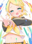  1girl absurdres aqua_eyes blonde_hair blue_eyes bow crop_top detached_sleeves fang hair_bow hair_ornament hairclip half-closed_eyes ham_tamago_(qq) headphones headset heart heart_in_mouth heavy_breathing highres kagamine_rin looking_at_viewer midriff naughty_face navel neckerchief paint_on_body paint_on_clothes paint_splatter paint_splatter_on_face penetration_gesture sailor_collar sexually_suggestive shorts skin_fang smile solo swept_bangs vocaloid white_bow yellow_nails yellow_neckerchief 